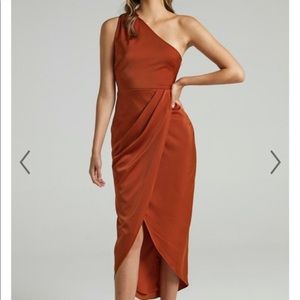 SHOWPO. copper satin crepe one-shoulder Felt So Happy dress